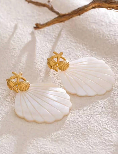 Gold Seashell Starfish Earrings, White Shell Statement Dangle Jewelry