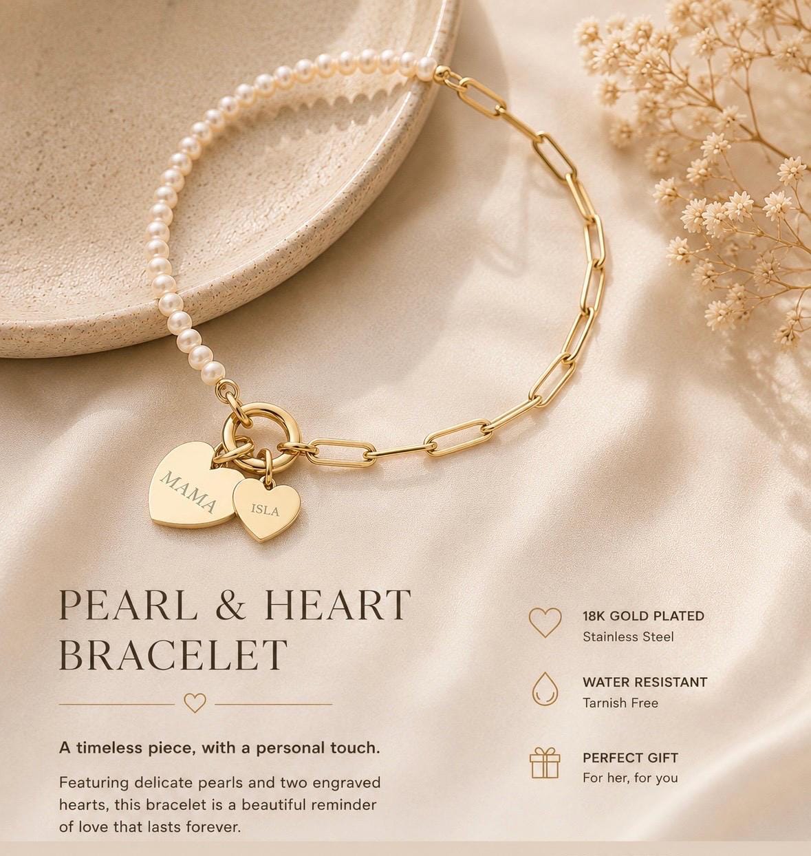 Personalized Pearl Paperclip Bracelet, Engraved Heart Charm, 18K Gold Plated Stainless Steel