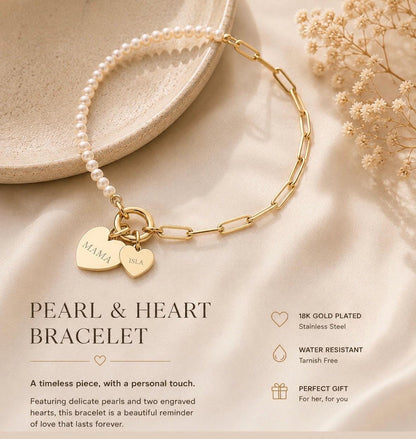 Personalized Pearl Paperclip Bracelet, Engraved Heart Charm, 18K Gold Plated Stainless Steel