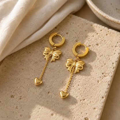Gold Bow Heart Charm Hoop Earrings, Dainty Stainless Steel Huggie Hoops