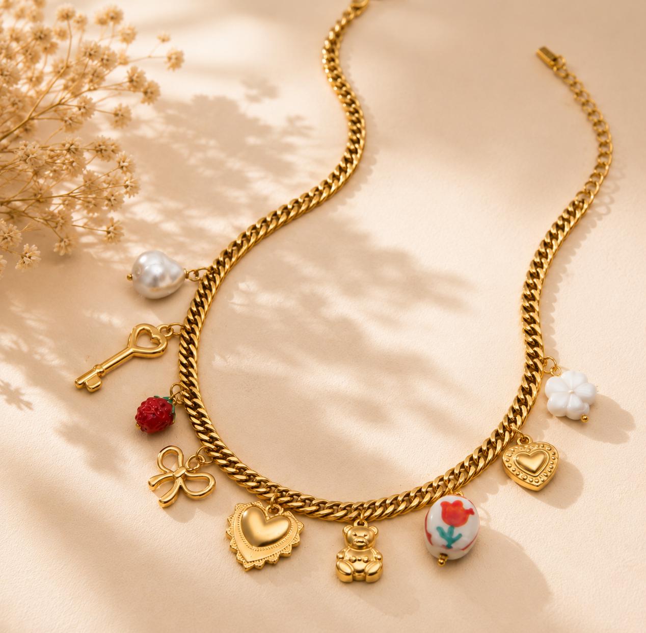 Gold Charm Necklace, Chunky Curb Chain with Heart, Bow, Strawberry, Pearl