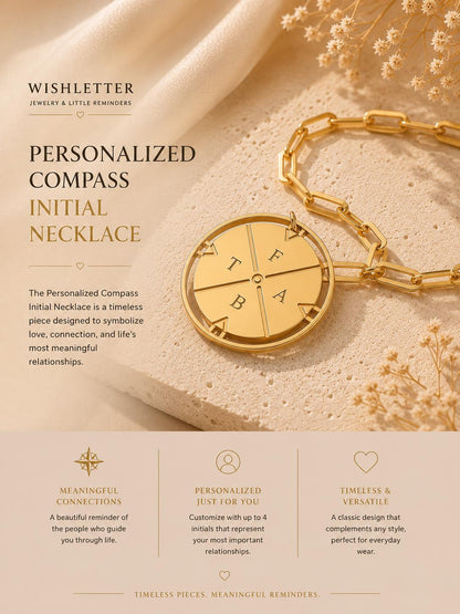 Personalized Gold Compass Medallion Necklace, Stainless Steel, Waterproof Jewelry